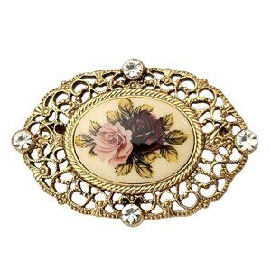 1928 Brand Oval Pink Purple Roses Brooch Gold Tone Filigree Rhinestone Pin C679